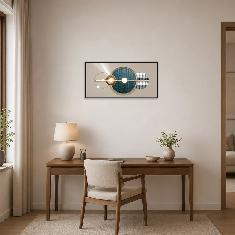 Modern circles art with gold accents bringing elegance to a productive home office.