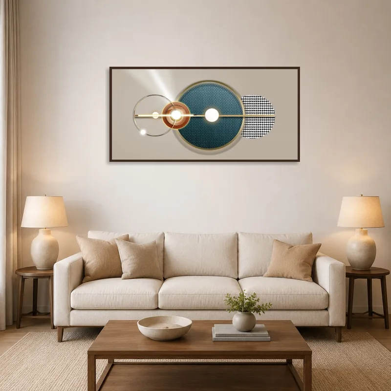 Modern geometric circles art with gold accents above a contemporary sofa in a stylish living room.