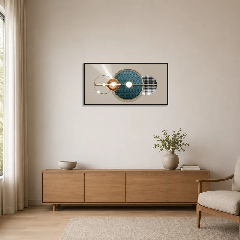 Gold-accented geometric circles art on a white wall in a sleek minimalist setting.