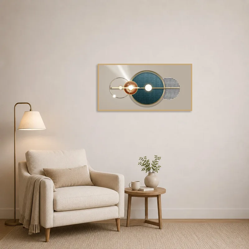 Geometric circles wall art with gold touches adding interest to a cozy reading corner.