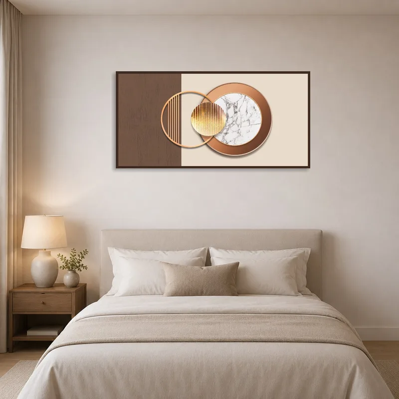 Calm bedroom with geometric circle art adding elegance.