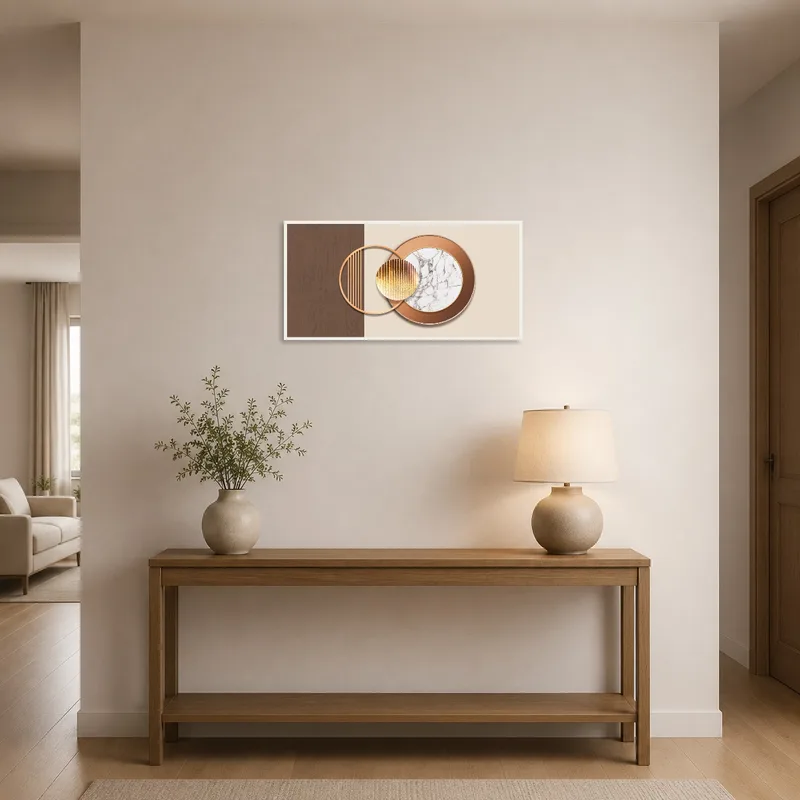 Marble geometric circle art welcomes visitors in the hall.