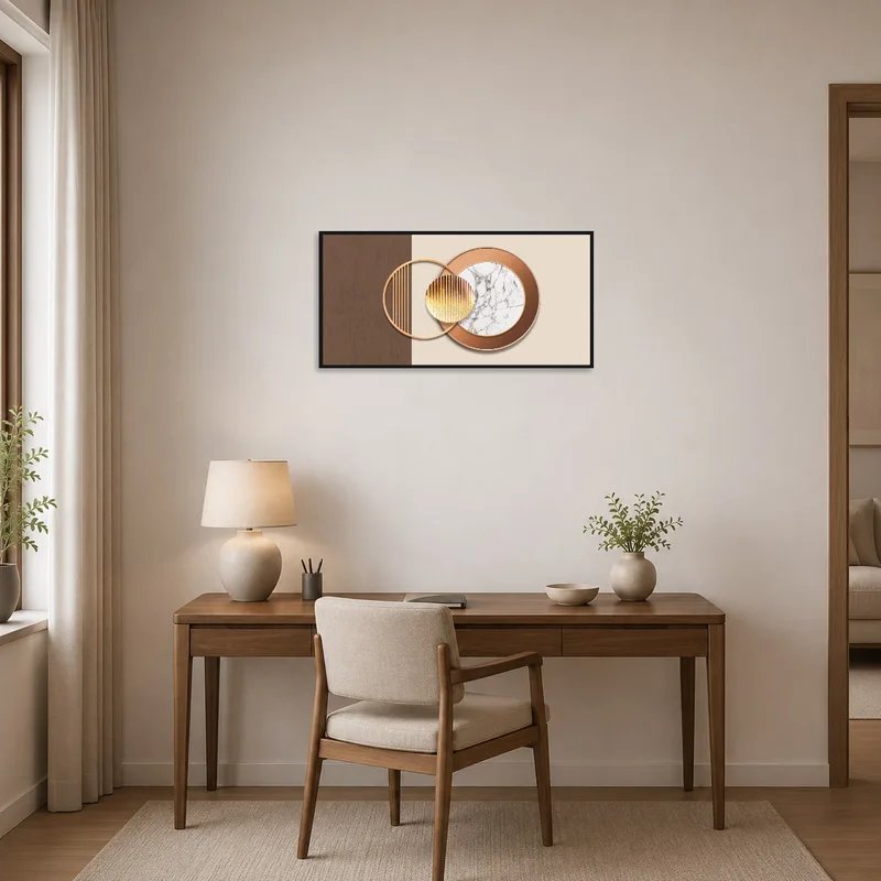 Art of geometric circles with marble touches a stylish office wall.