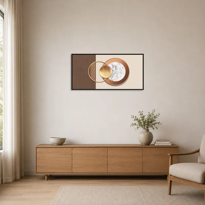 Simple room with geometric circle art on a blank wall.