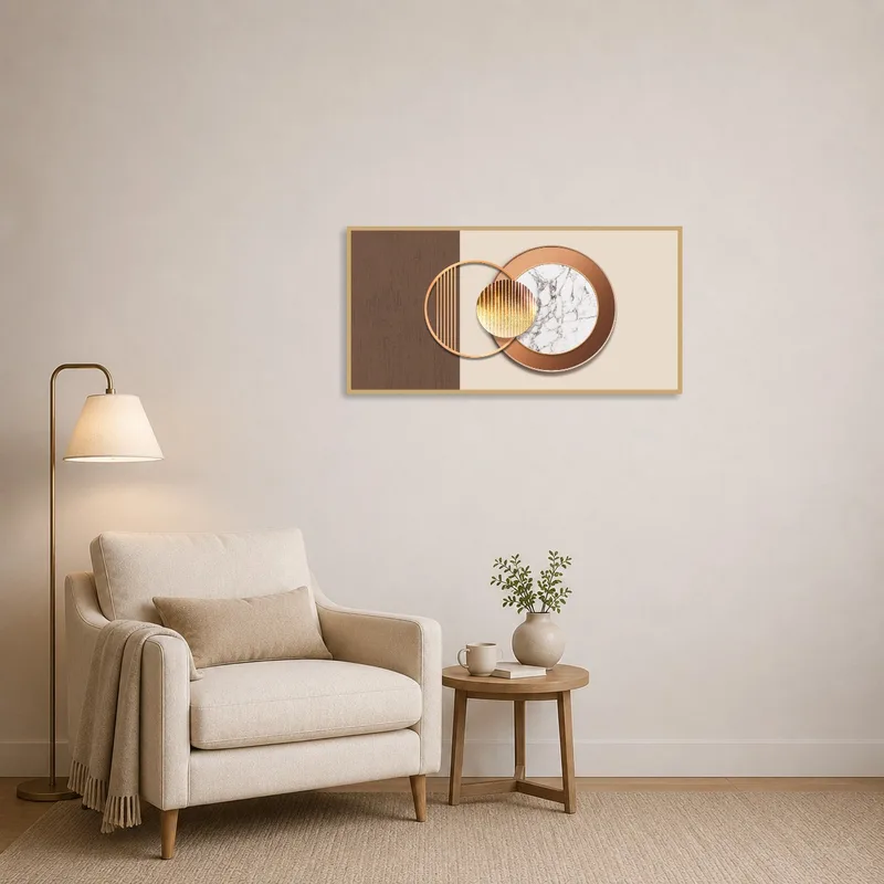 Geometric circle art adds interest to a cozy reading nook.