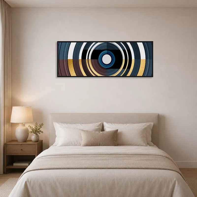 Calming geometric circular patterns bringing a modern touch to the bedroom.