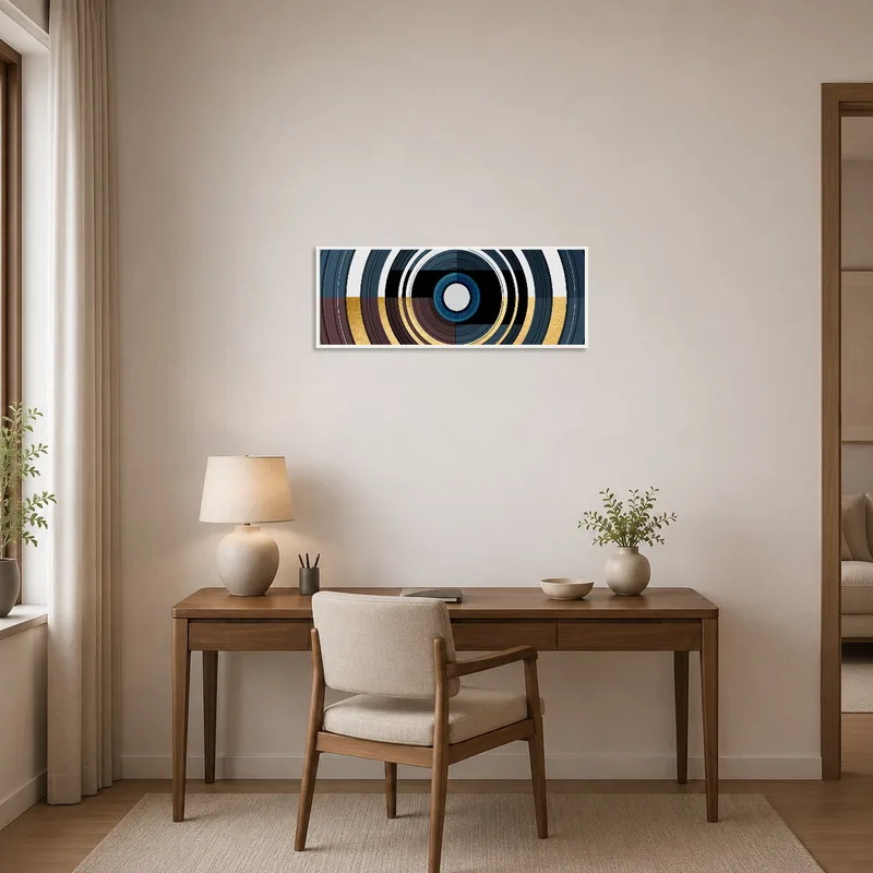 Modern circular geometric art piece energizing a contemporary home office.