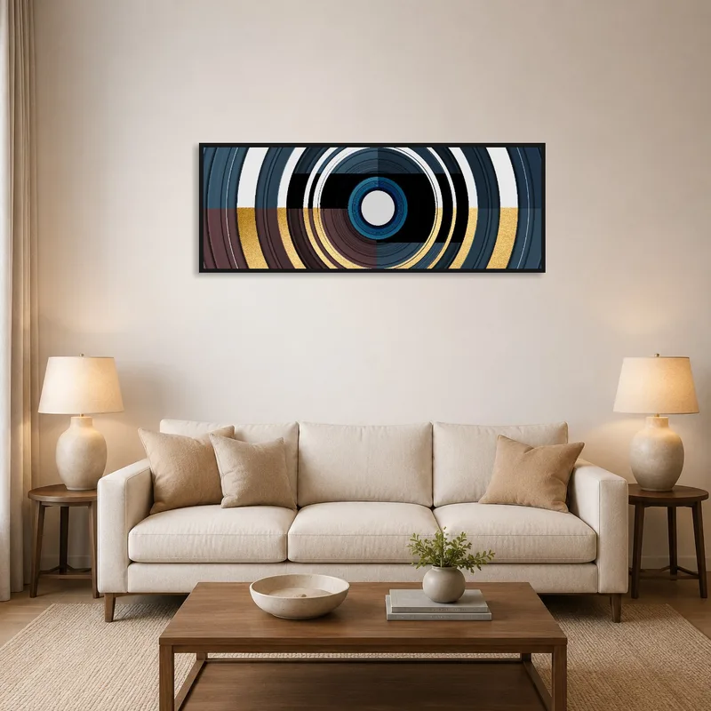 A bold geometric circle art piece adding vibrance to a modern living room.