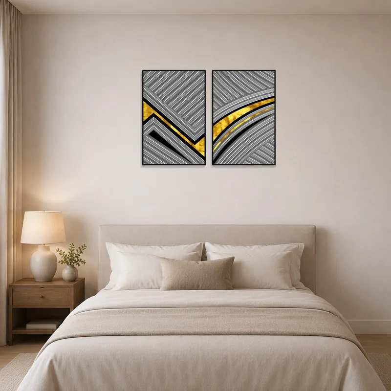 Gold and gray geometric pieces enhance the calm ambiance of a modern bedroom.