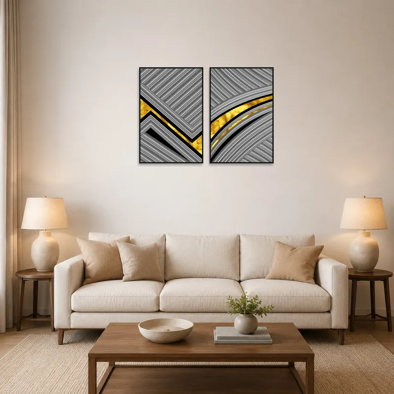 Abstract gold and gray art set displayed above a modern sofa in a stylish living room.