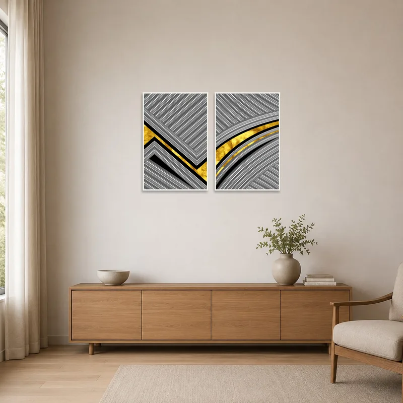 Sleek geometric art pieces on a white wall complementing the minimalist decor.