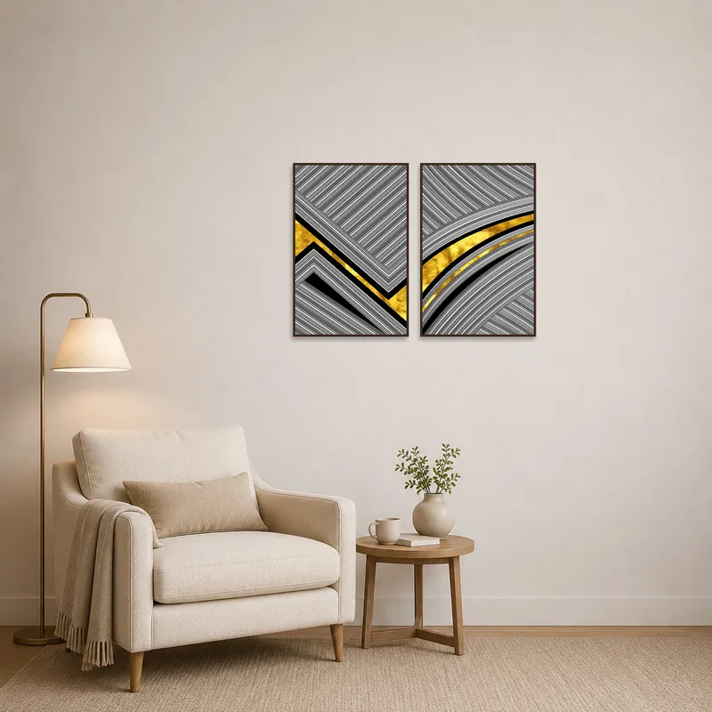 Contemporary art set adds elegance to a cozy reading corner with a comfortable chair.