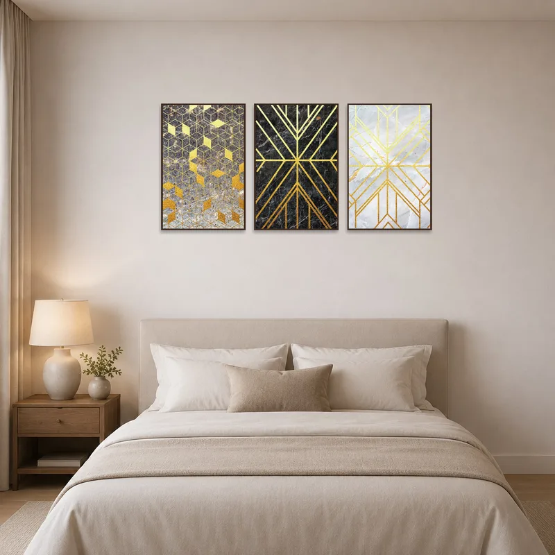 Elegant geometric gold and marble triptych mounted above a bedroom bed.