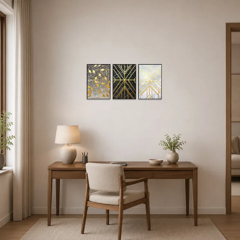 Home office adorned with a sleek geometric triptych in gold and marble tones.