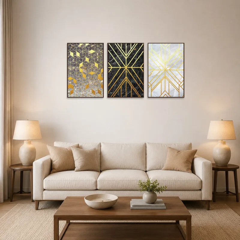 Triptych of geometric gold and marble enhancing a modern living room wall.