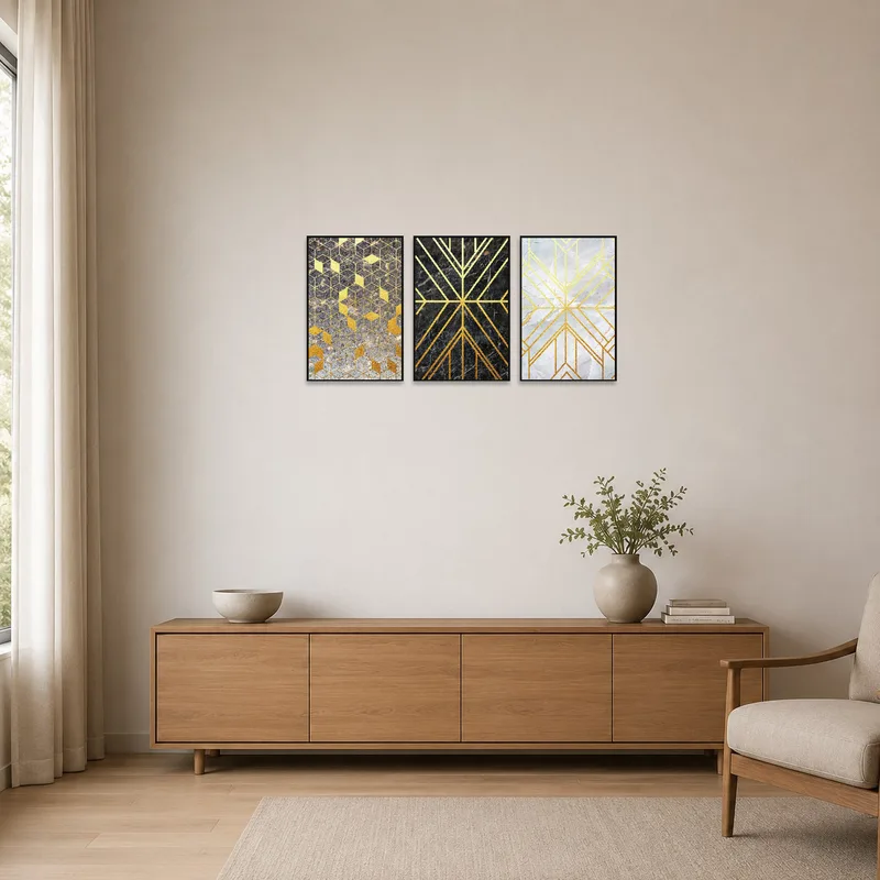 Minimalist space featuring a chic geometric gold and marble triptych.