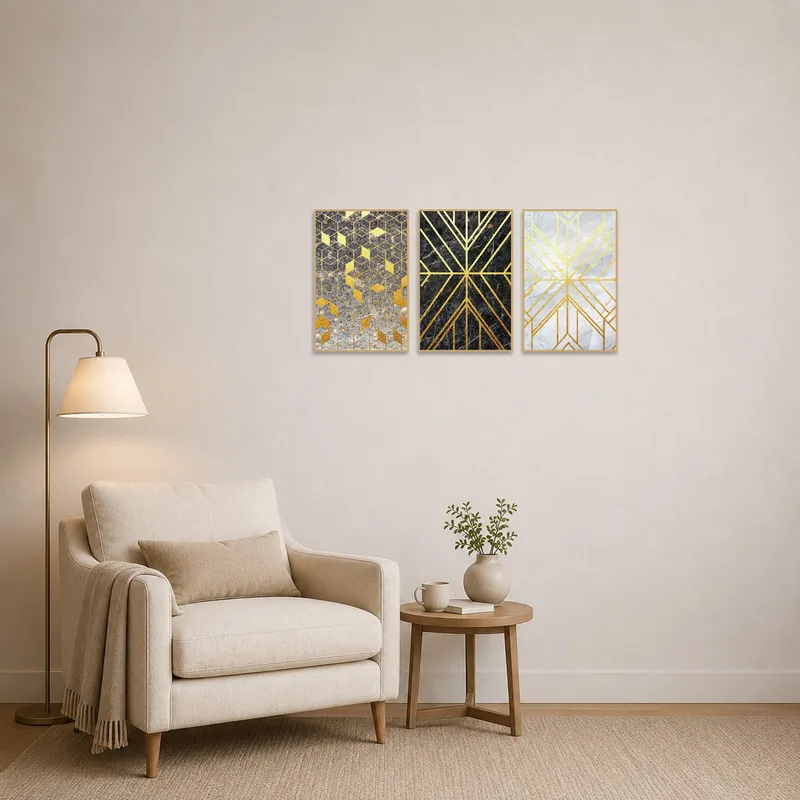 Gold and marble geometric triptych adding elegance to a cozy reading corner.