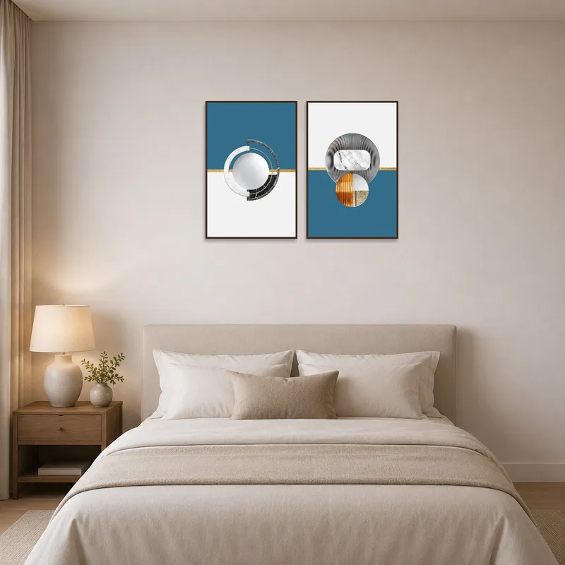 Bedroom adorned with geometric marble and metal art set, creating a stylish ambiance.