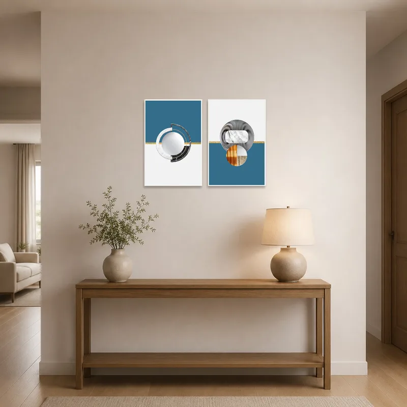 Geometric marble and metal artwork set in an entrance hall greeting visitors with elegance.