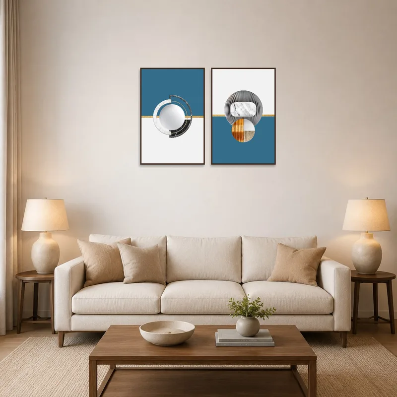 Modern geometric marble and metal art set on a living room wall above a sleek sofa.