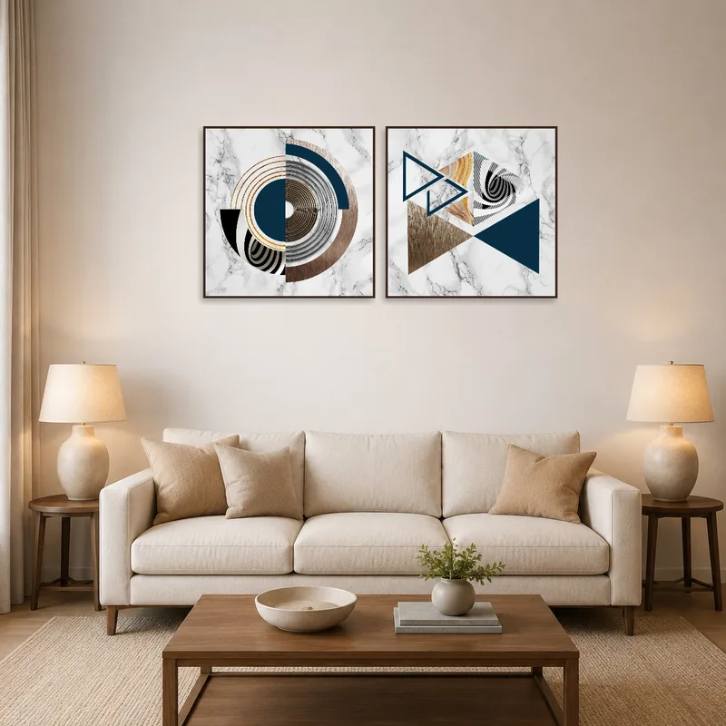 Modern geometric marble art set showcased on a living room wall.