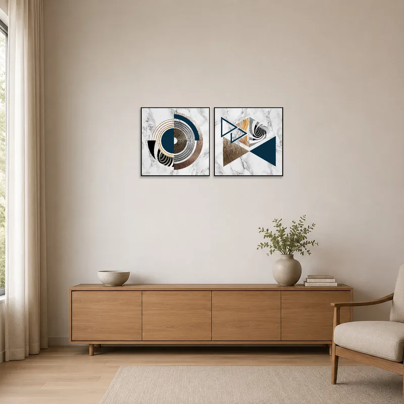 Geometric marble art set accentuating a minimalist room decor.