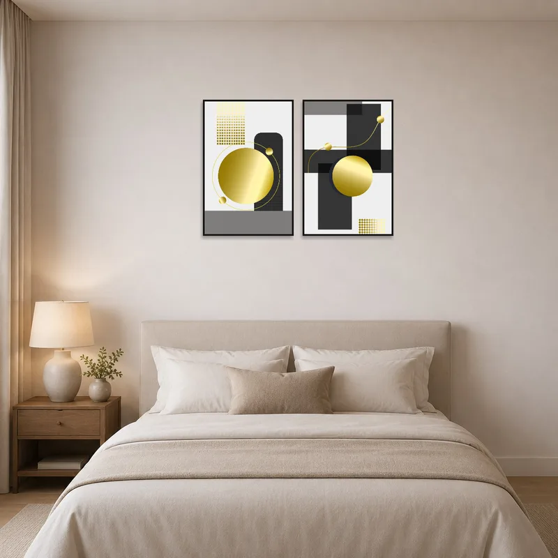 Golden geometric patterns with black highlights displayed above the bed in a chic bedroom.