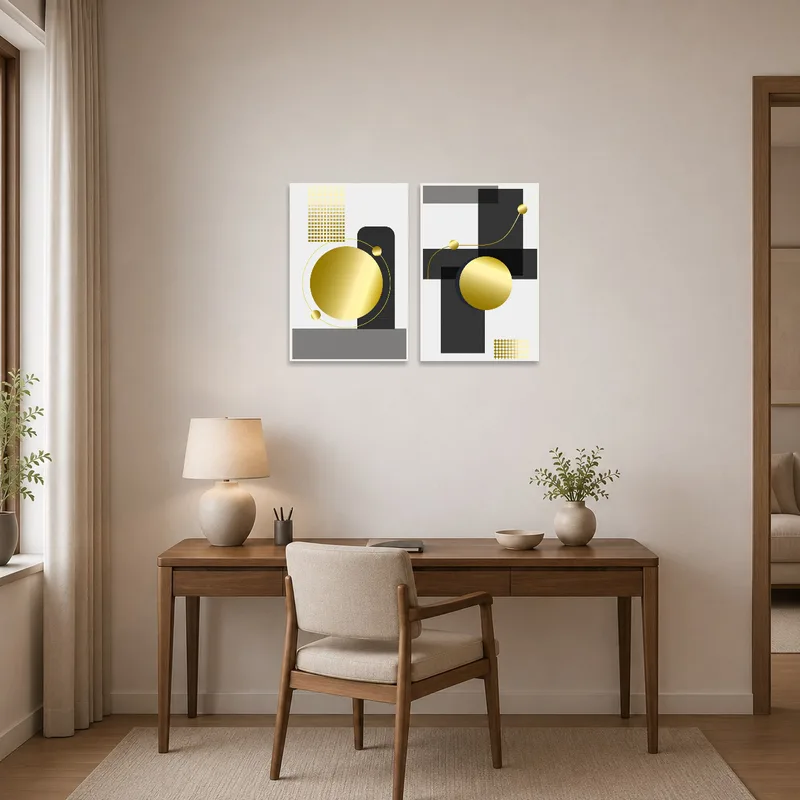 A gold and black geometric set enhancing the style of a contemporary home office space.