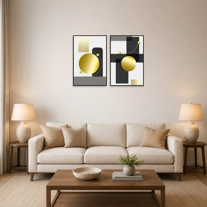 A geometric set with gold and black elements on a living room wall above a sleek sofa.