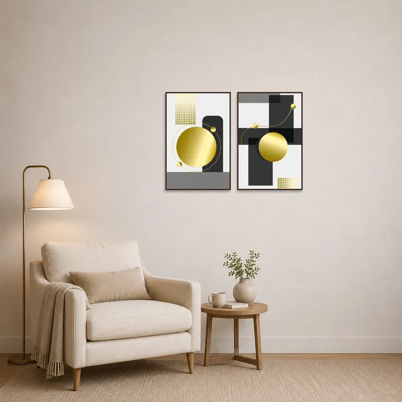 The intricate geometric set in gold and black shapes adorns a cozy reading corner wall.