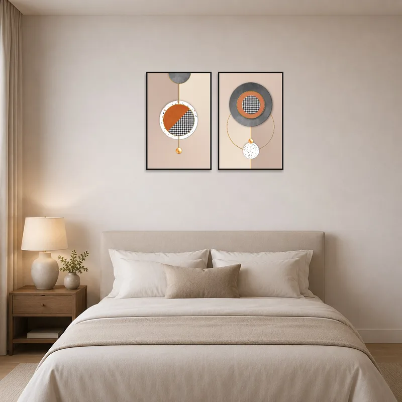 Houndstooth and geometric shapes displayed in a bedroom setting.