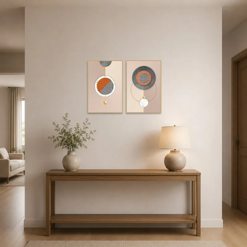 Artwork featuring geometric shapes and houndstooth in an entrance hall.