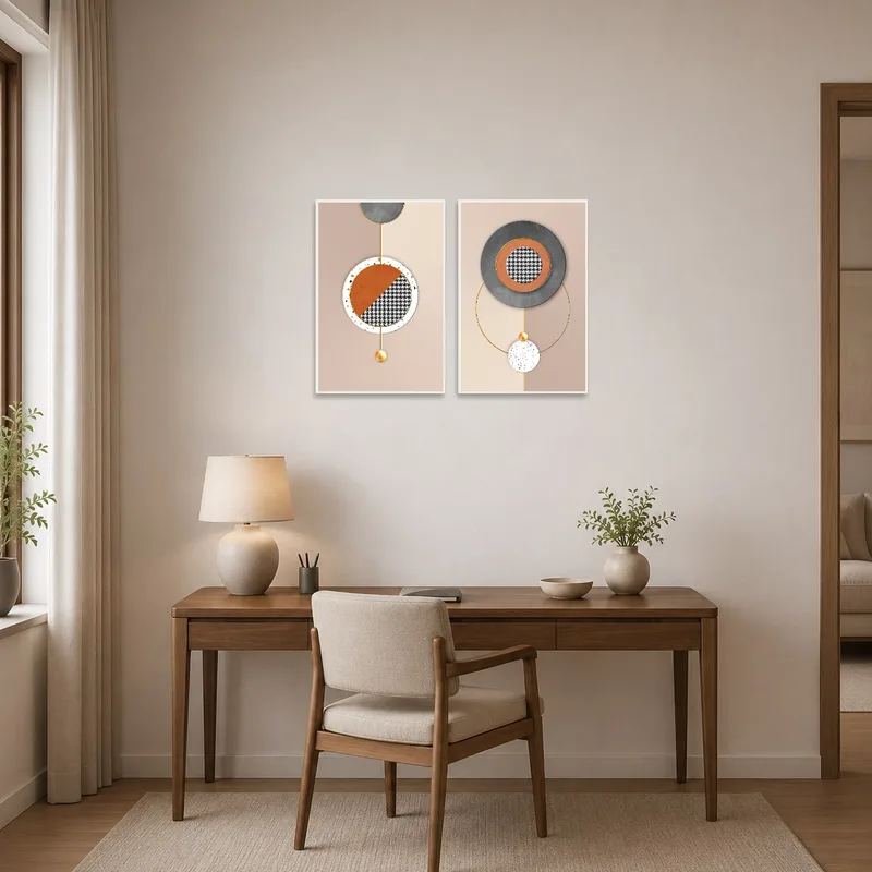 Modern shape duo with houndstooth hanging in a home office.