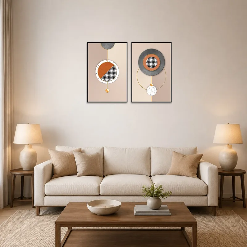 Modern geometric shape duo with houndstooth on a living room wall.
