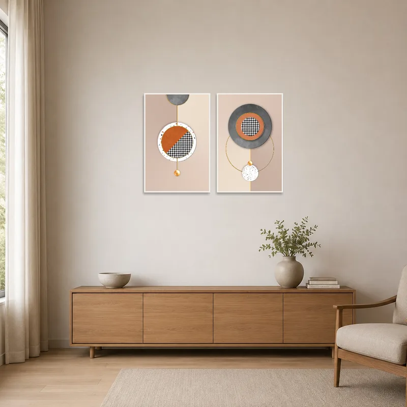 Geometric shapes with houndstooth pattern in a minimalist space.
