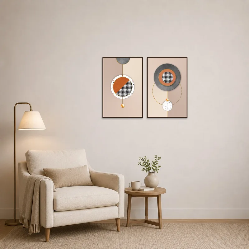 Geometric shapes duo with houndstooth pattern in a cozy reading corner.