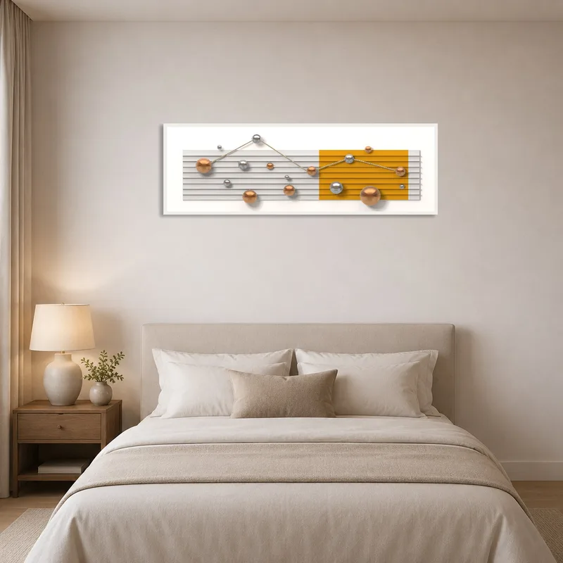 Modern spheres artwork creating a statement above the bed in a serene bedroom.