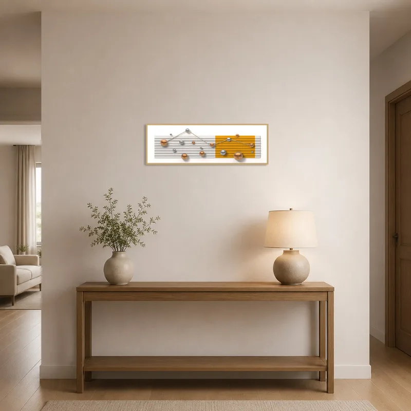 Panoramic art featuring geometric spheres showcased in a spacious entrance hall.