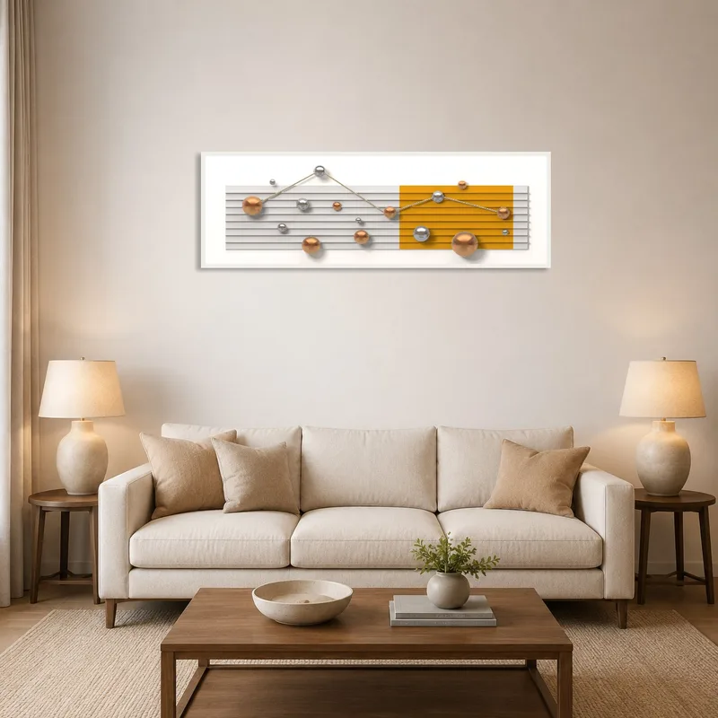 Modern geometric spheres artwork displayed above a contemporary sofa in a living room.