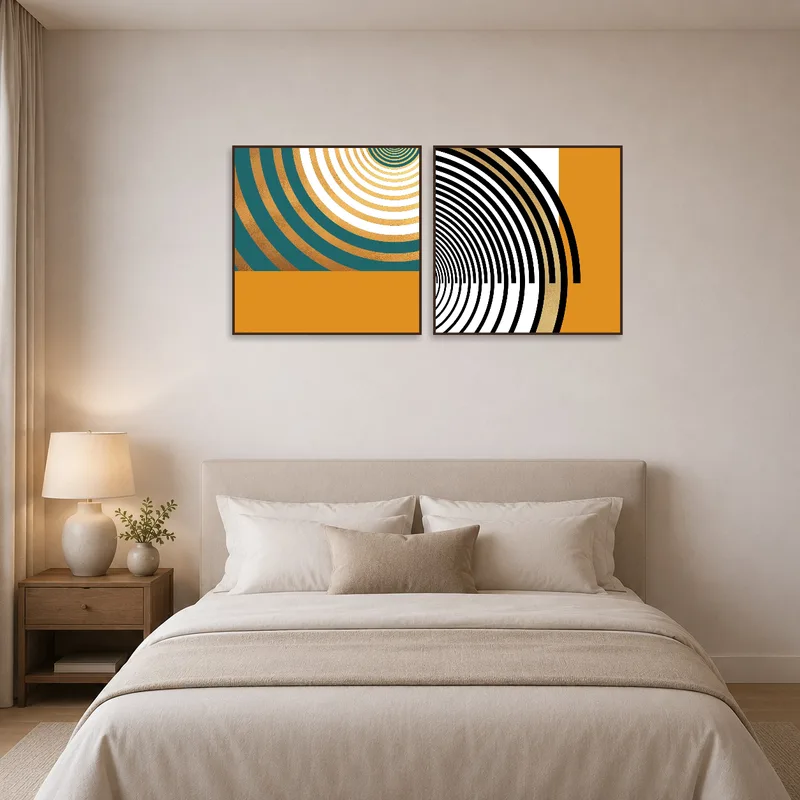 Bedroom enhanced by geometric spiral art set offering a sleek, modern touch.