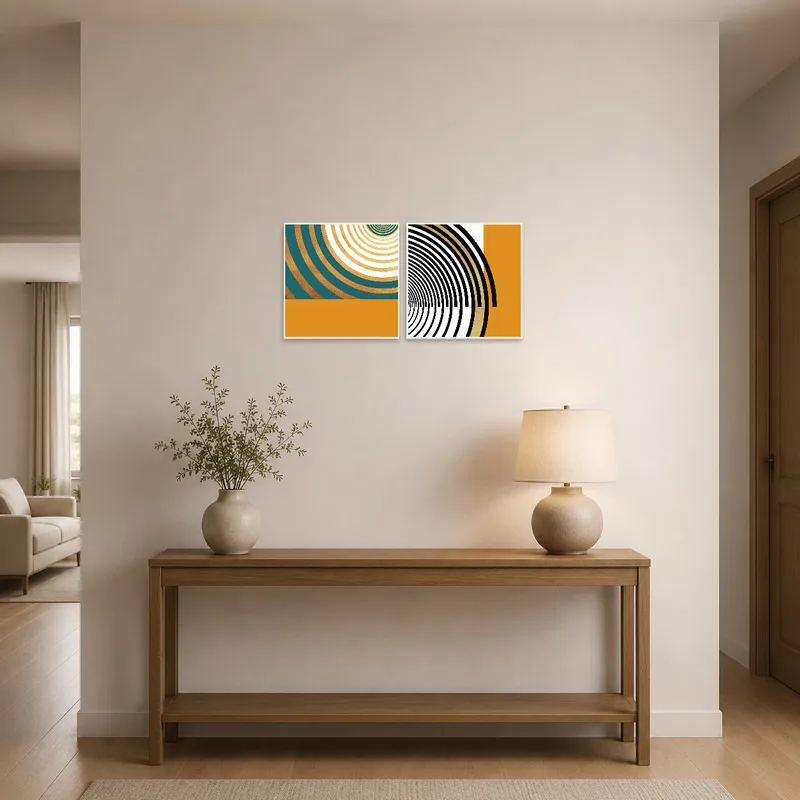 Entrance hall highlighted by modern spiral art set creating a bold statement.