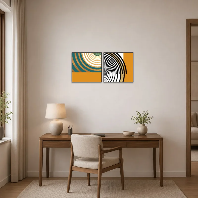 Home office brightened with geometric spiral designs inspiring modern creativity.