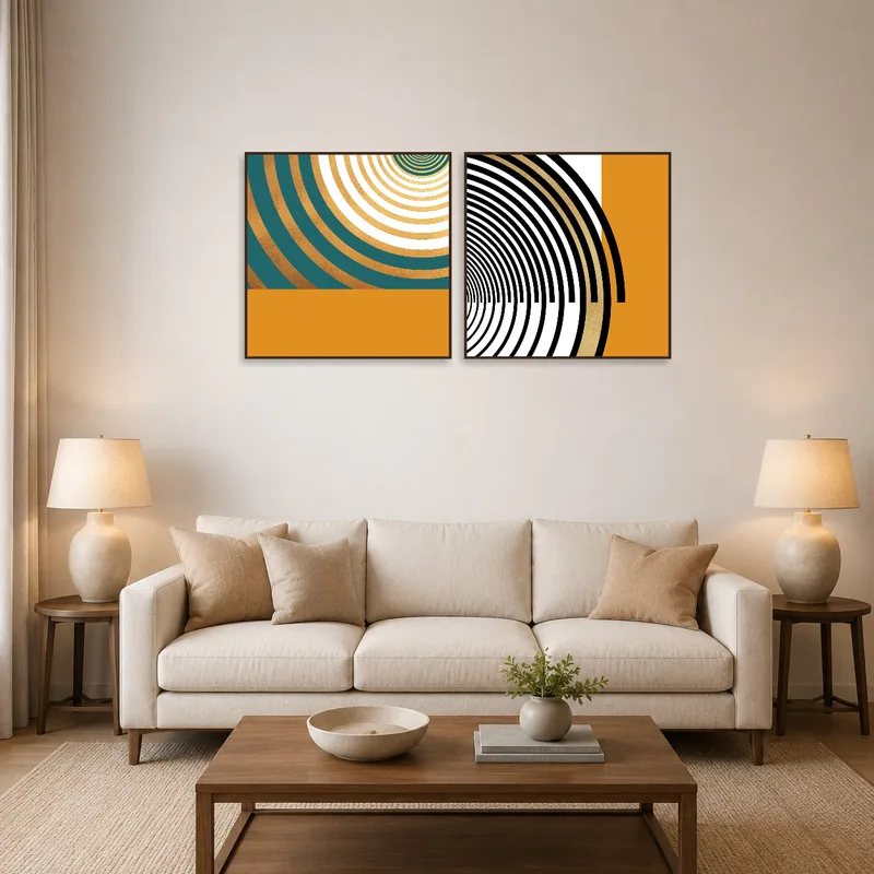 Geometric spiral art set on a living room wall adding contemporary flair.