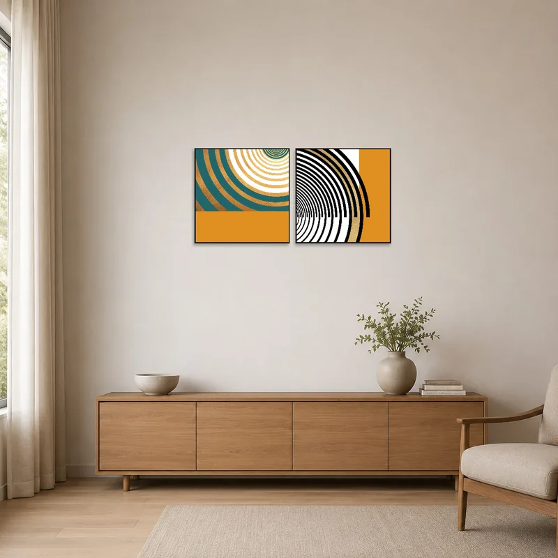 Minimalist room featuring geometric spiral prints as a stylish focal point.