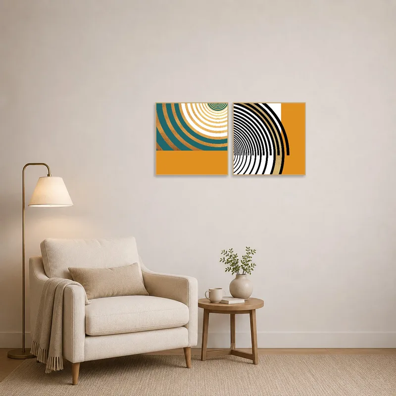 Reading corner adorned with geometric spirals for a modern, thoughtful ambiance.