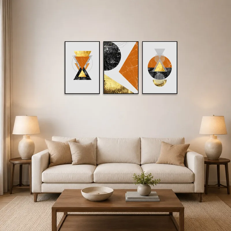 A modern geometric triptych with bold colors adds vibrancy to a stylish living room wall.
