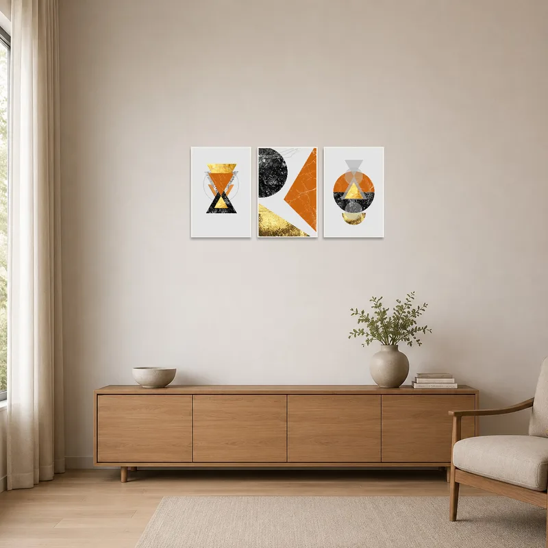Boldly colored geometric triptych enhances the clean lines of a minimalist interior.
