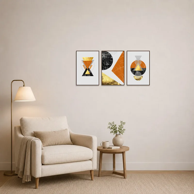 Modern geometric triptych brings color and energy to an inviting reading corner.