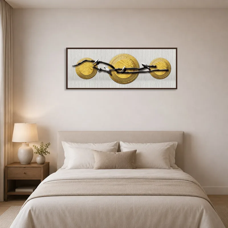 Bedroom wall showcasing gold abstract art contributing elegance above the bed.