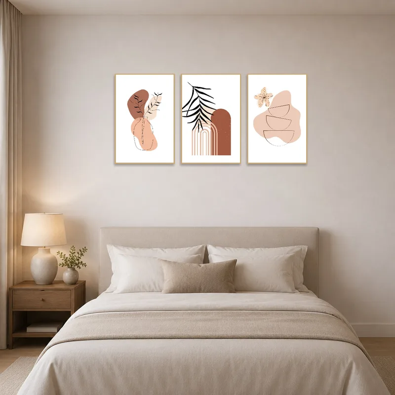 Botanical art set adding tranquility to a bedroom over the bed.